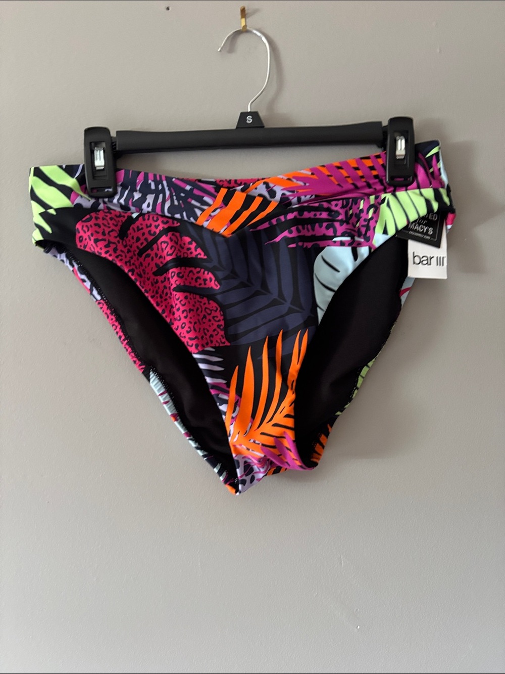 Bar III Neon Tropical Print Bikini Bottoms - Black, Hot Pink & Orange
